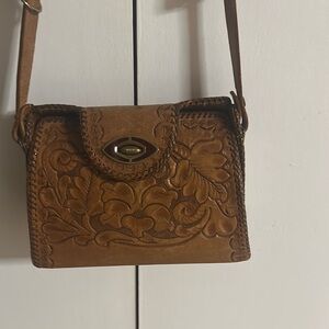 Brown Tooled Leather Crossbody Bag with Floral Design